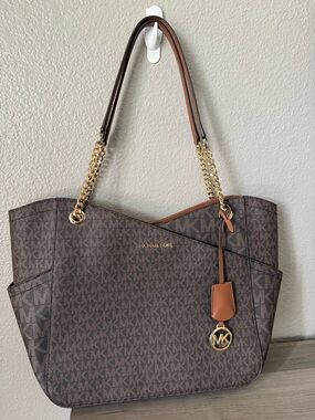 Michael Kors Dark Brown MK Monogram Tote with Gold Hardware